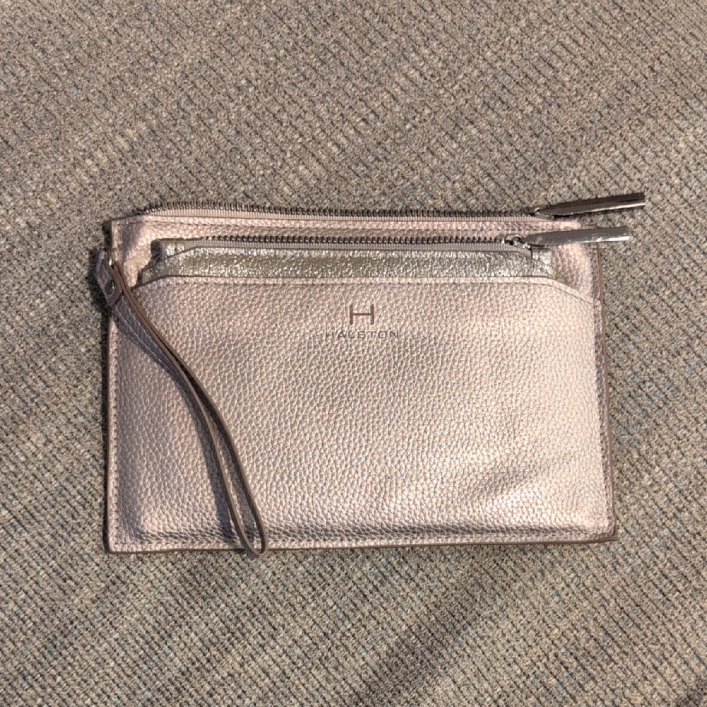 Halston Silver Clutch, Textured Leather, 4 compartments, 2 Zippered Closures